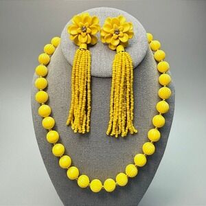 VTG Earring Necklace Lot 18" Beaded Plastic Yellow Floral Statement Spring Fun